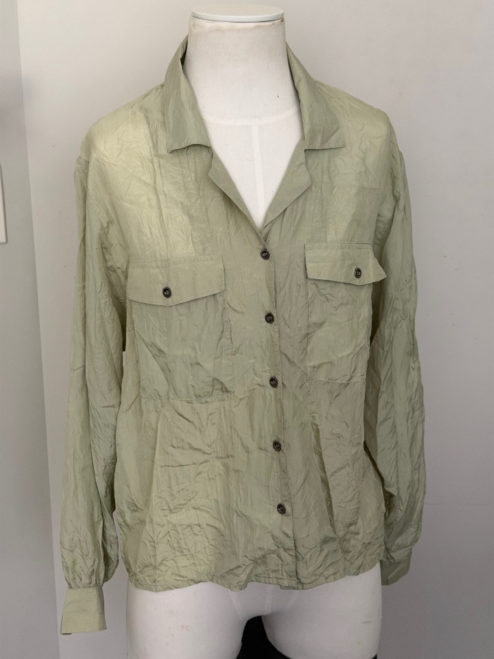 Sage Green 100% Silk Shirt Size M Utility Military Style